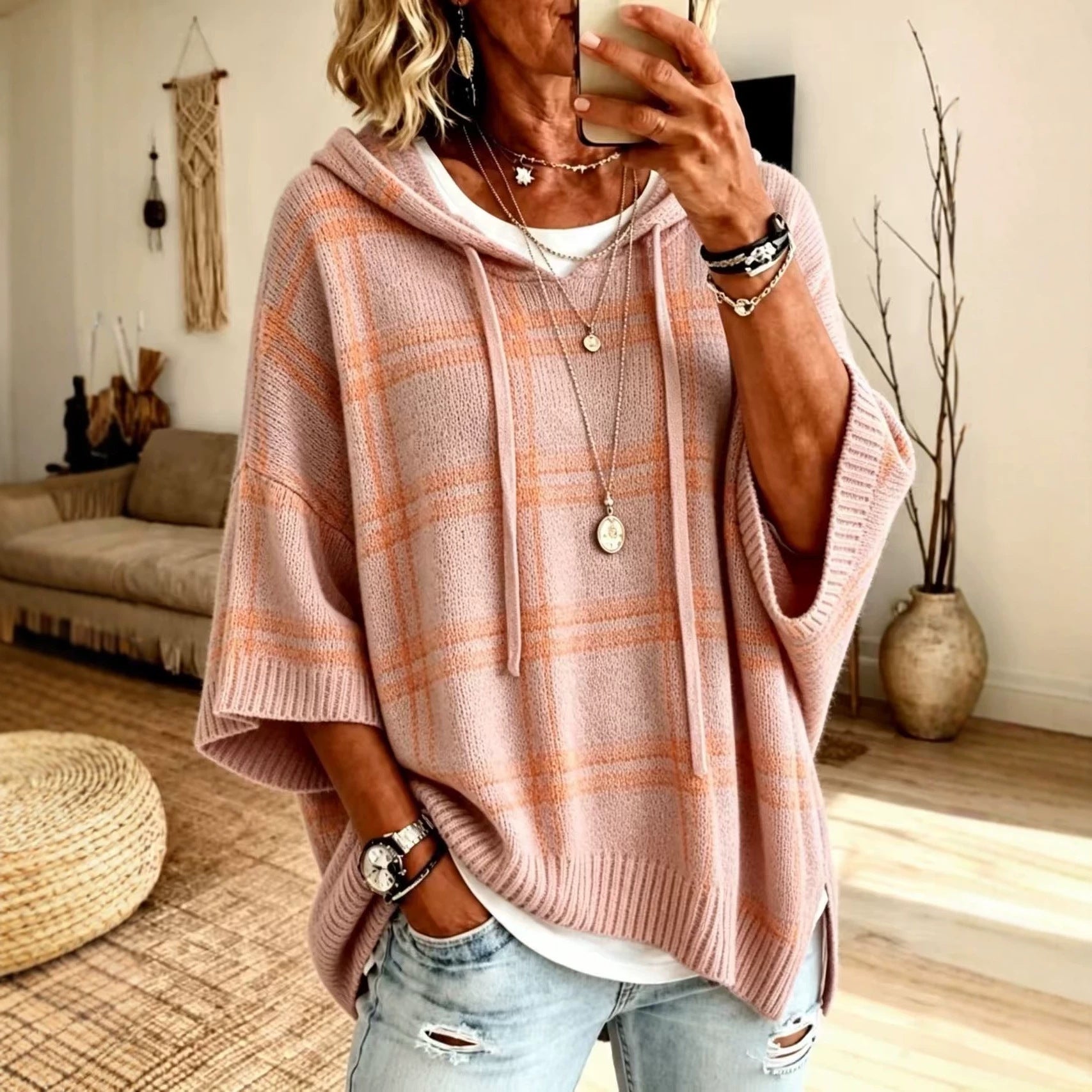 Plaid Knit Hooded Batwing Sweater