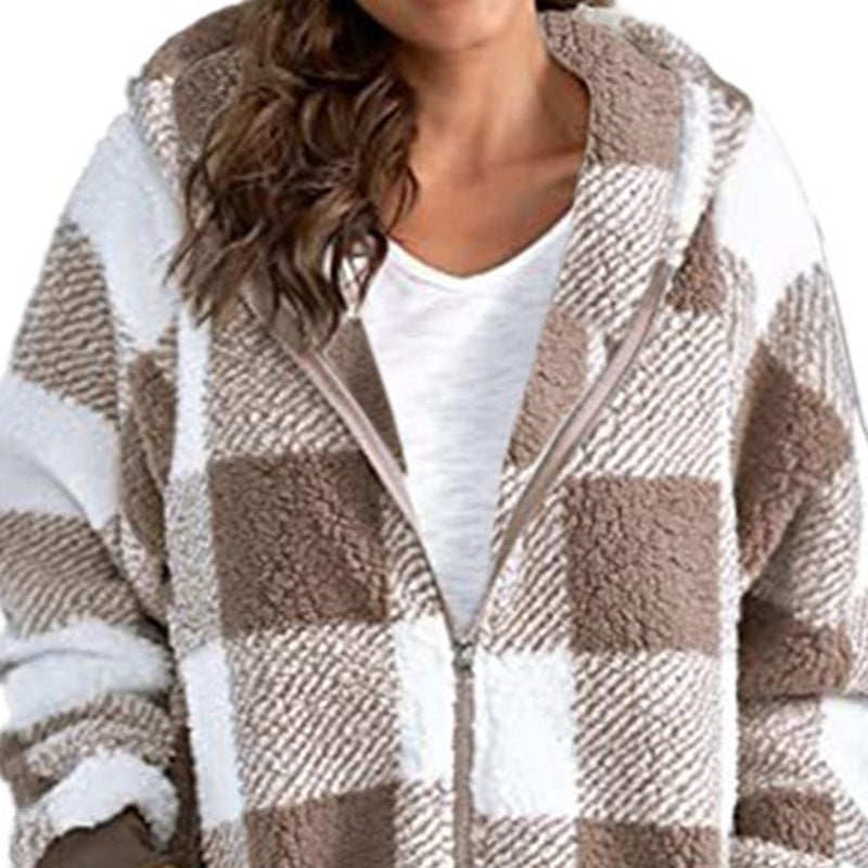 Women's Plaid Hooded Zip-Up Fleece Jacket Oversized Winter Coat - Image 7