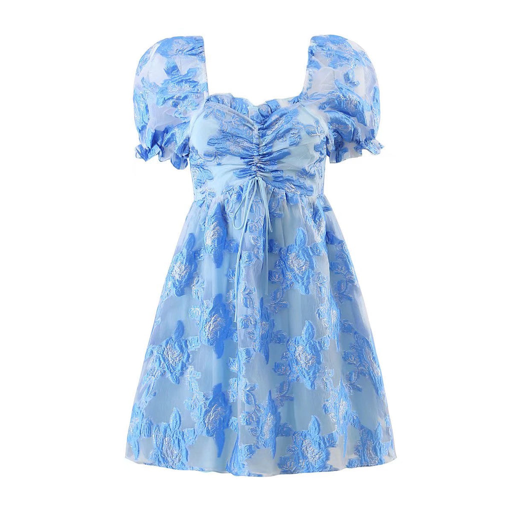 Gilded Embroidery Blue Flower Bubble Sleeve Chest Drawstring Princess Dress Sheer