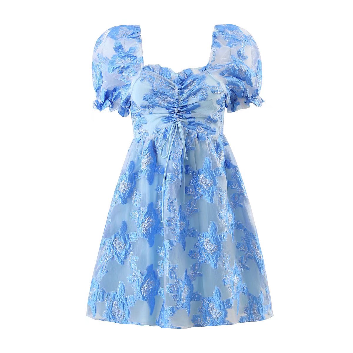 Gilded Embroidery Blue Flower Bubble Sleeve Chest Drawstring Princess Dress Sheer