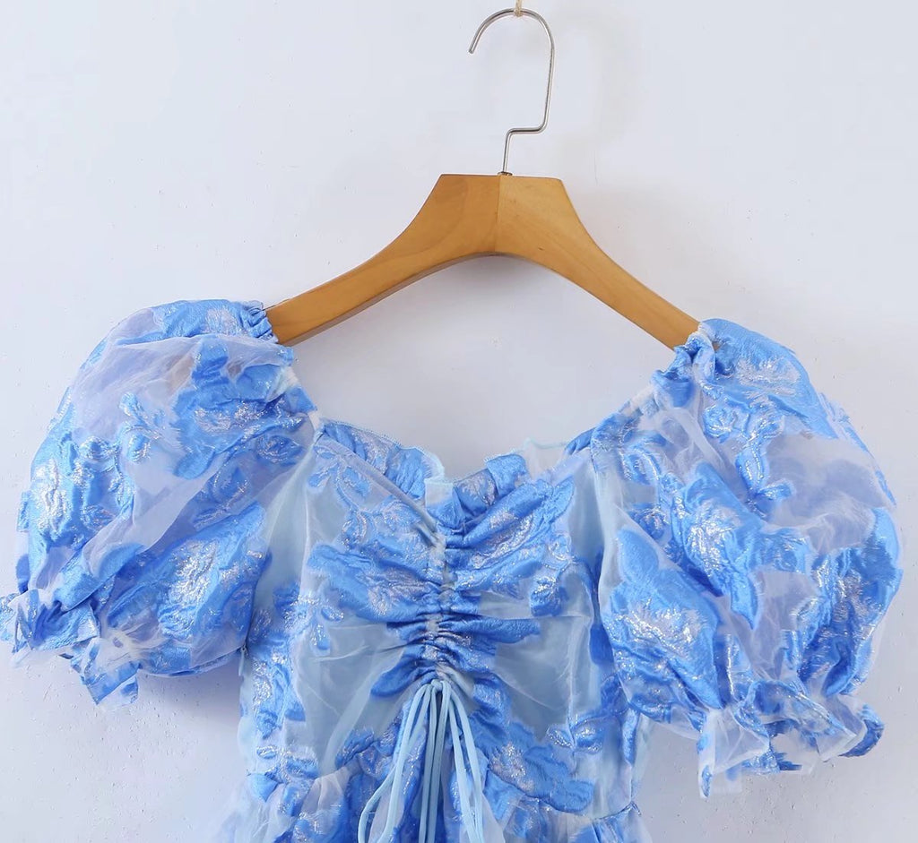 Gilded Embroidery Blue Flower Bubble Sleeve Chest Drawstring Princess Dress Sheer