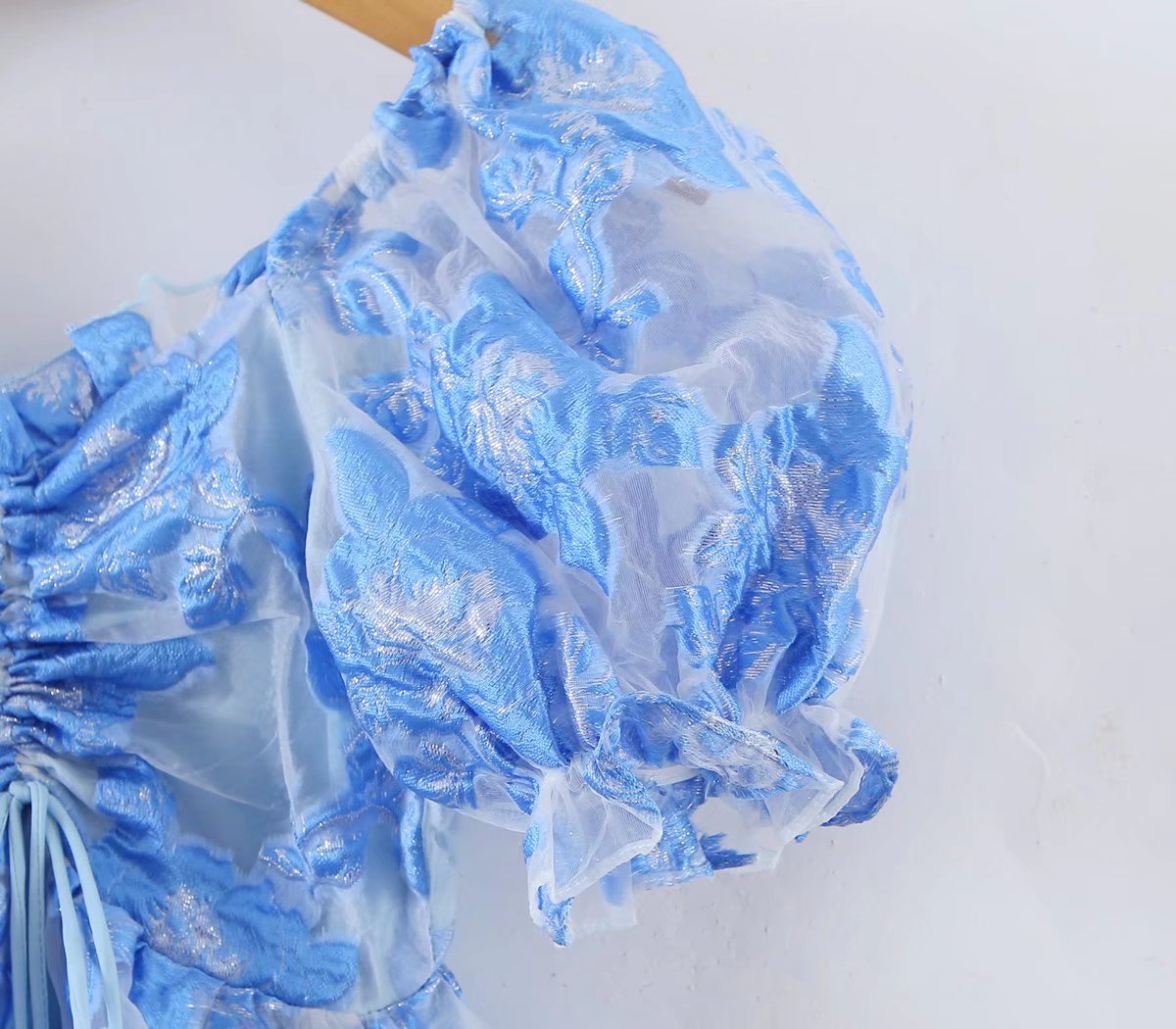 Gilded Embroidery Blue Flower Bubble Sleeve Chest Drawstring Princess Dress Sheer