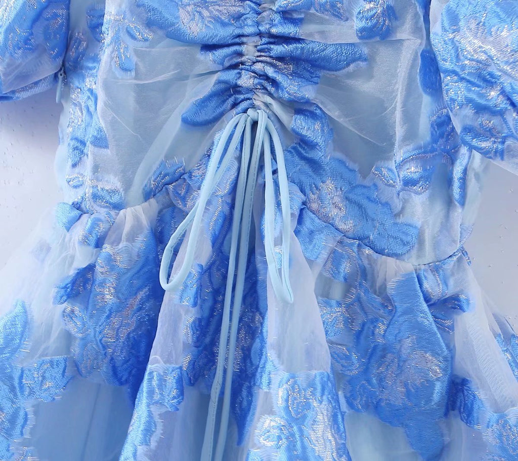 Gilded Embroidery Blue Flower Bubble Sleeve Chest Drawstring Princess Dress Sheer