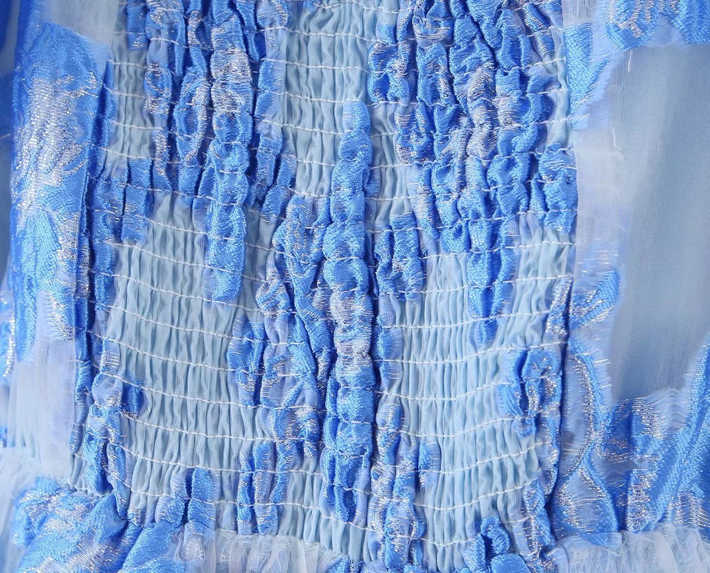 Gilded Embroidery Blue Flower Bubble Sleeve Chest Drawstring Princess Dress Sheer