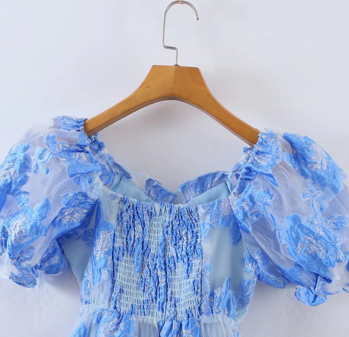 Gilded Embroidery Blue Flower Bubble Sleeve Chest Drawstring Princess Dress Sheer