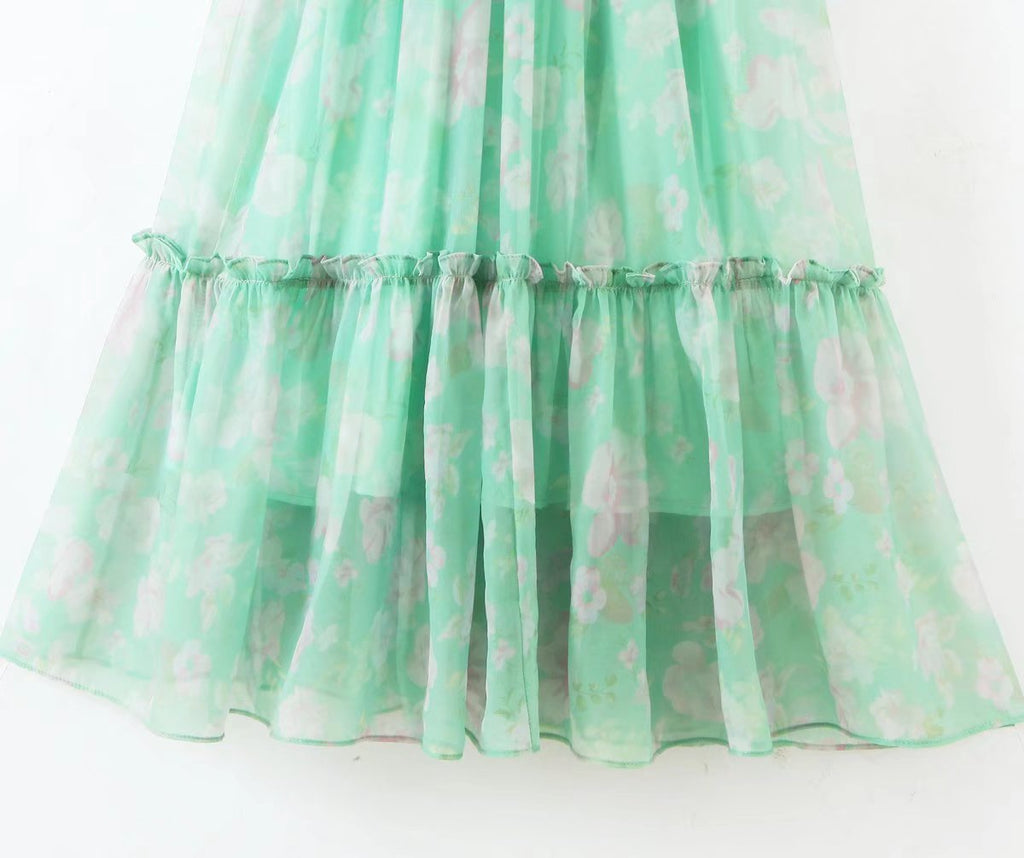 Organza Floral Print Dress Puff Sleeve Tight Waist Princess Dress Spring Summer Fresh Girl Maxi Dress Sheer