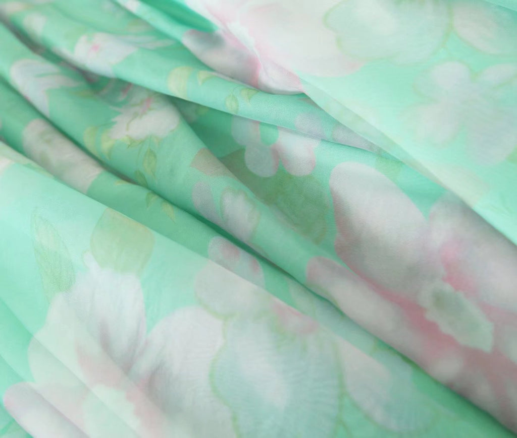 Organza Floral Print Dress Puff Sleeve Tight Waist Princess Dress Spring Summer Fresh Girl Maxi Dress Sheer