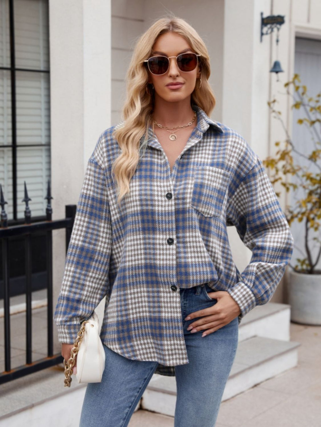 Women's Plaid Button-Down Shirt Oversized Casual Long Sleeve Top - Image 16