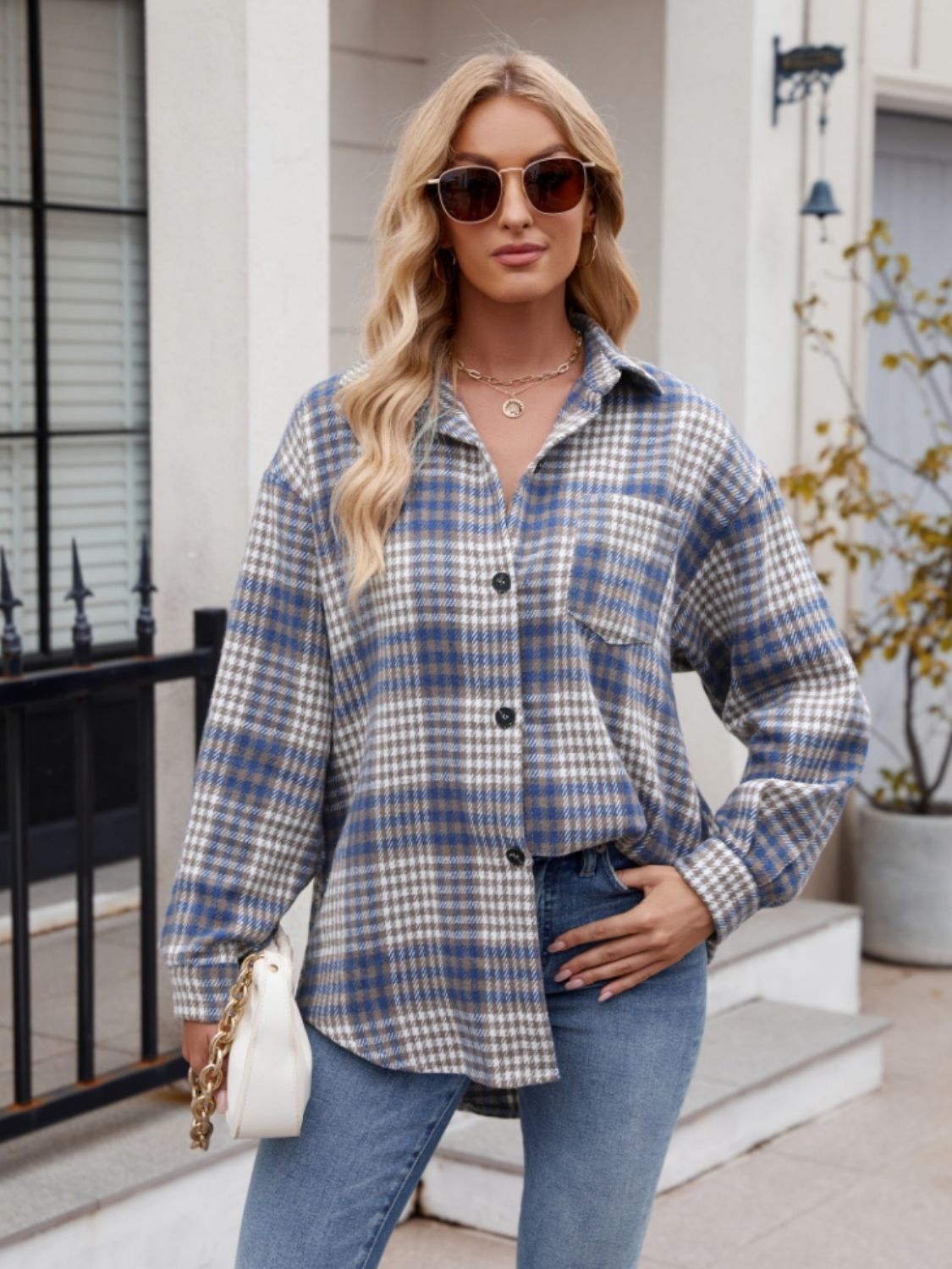 Women's Plaid Button-Down Shirt Oversized Casual Long Sleeve Top - Image 16