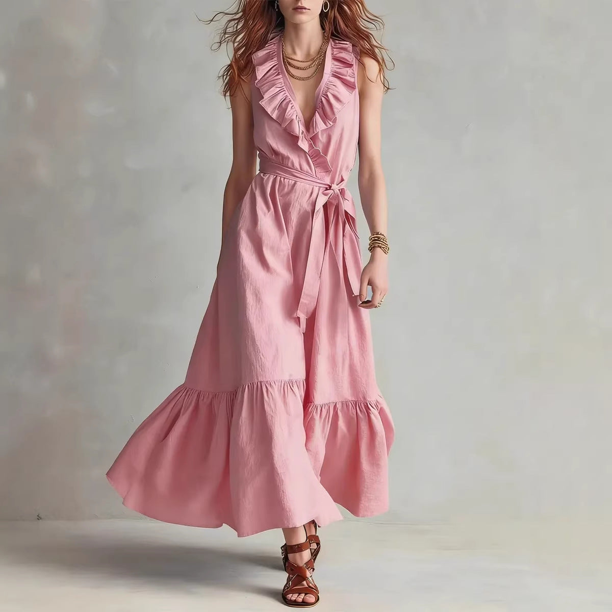Women's Ruffled V-Neck Maxi Dress with Tie-Waist and Flare Hem - Image 2