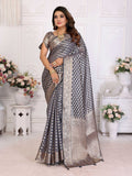 A close-up of a grey organza silk saree featuring intricate traditional weaving patterns.