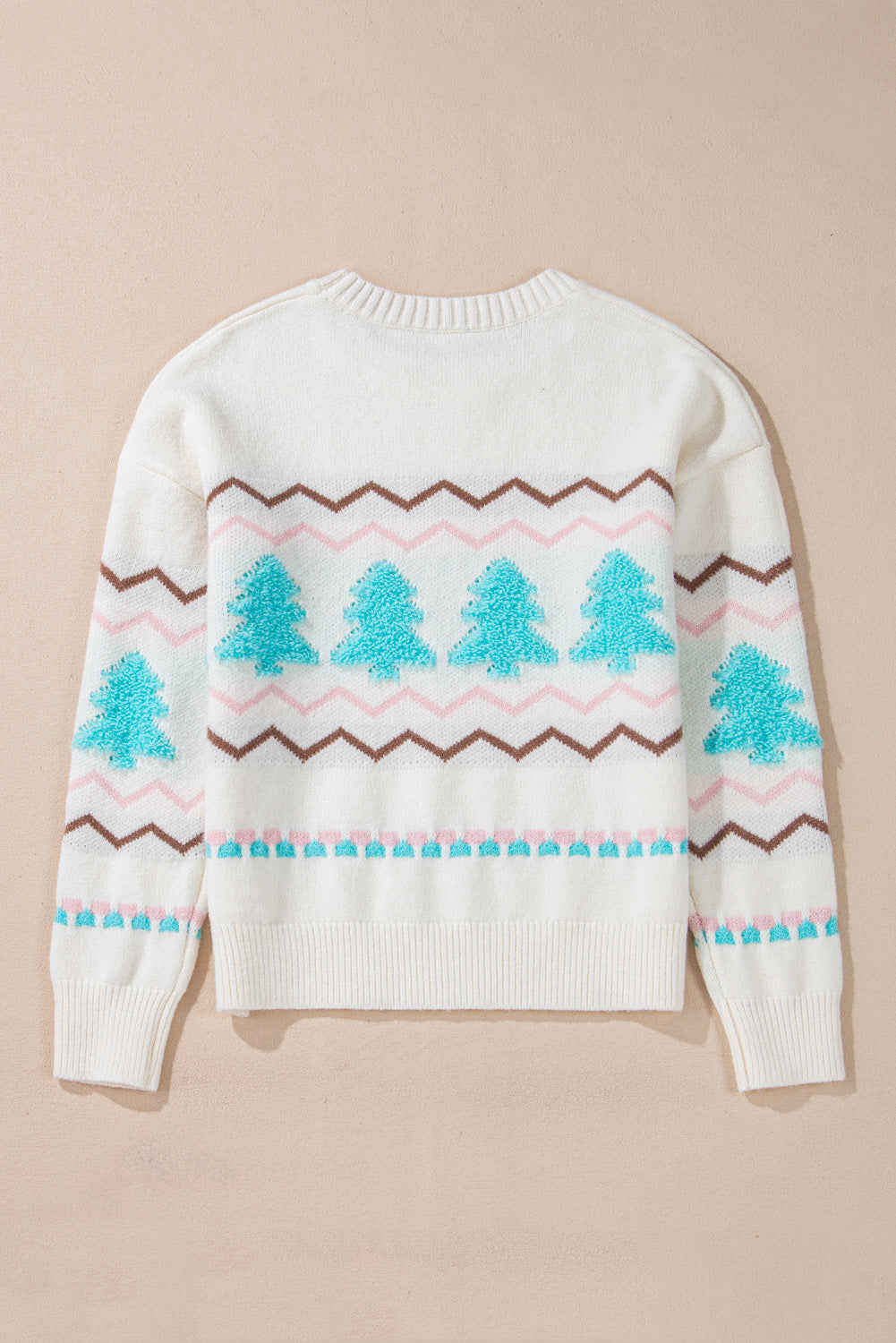 White Tree Pattern Drop Shoulder Sweater with Ribbed Trim