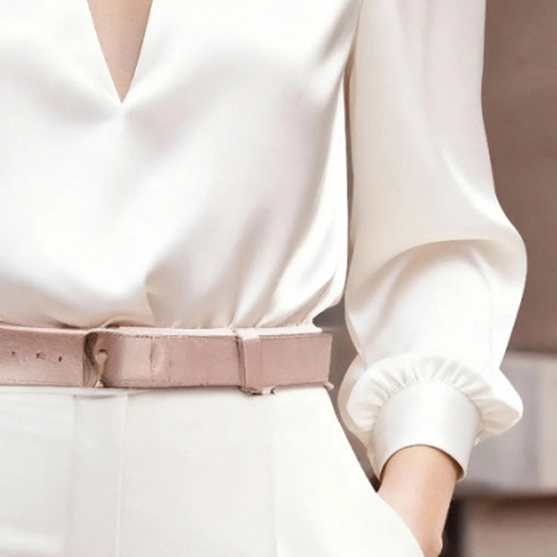 Women's Satin V-Neck Long Sleeve Blouse Elegant Slim Fit Top - Image 2