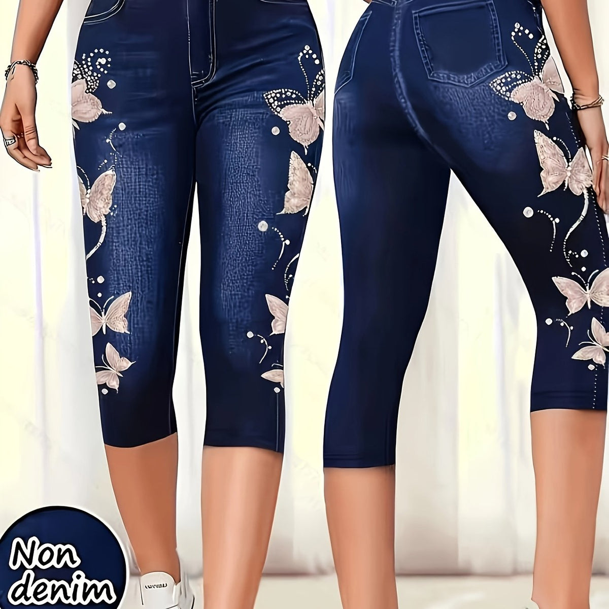 Plus Size Faux Denim Butterfly Capri Pants