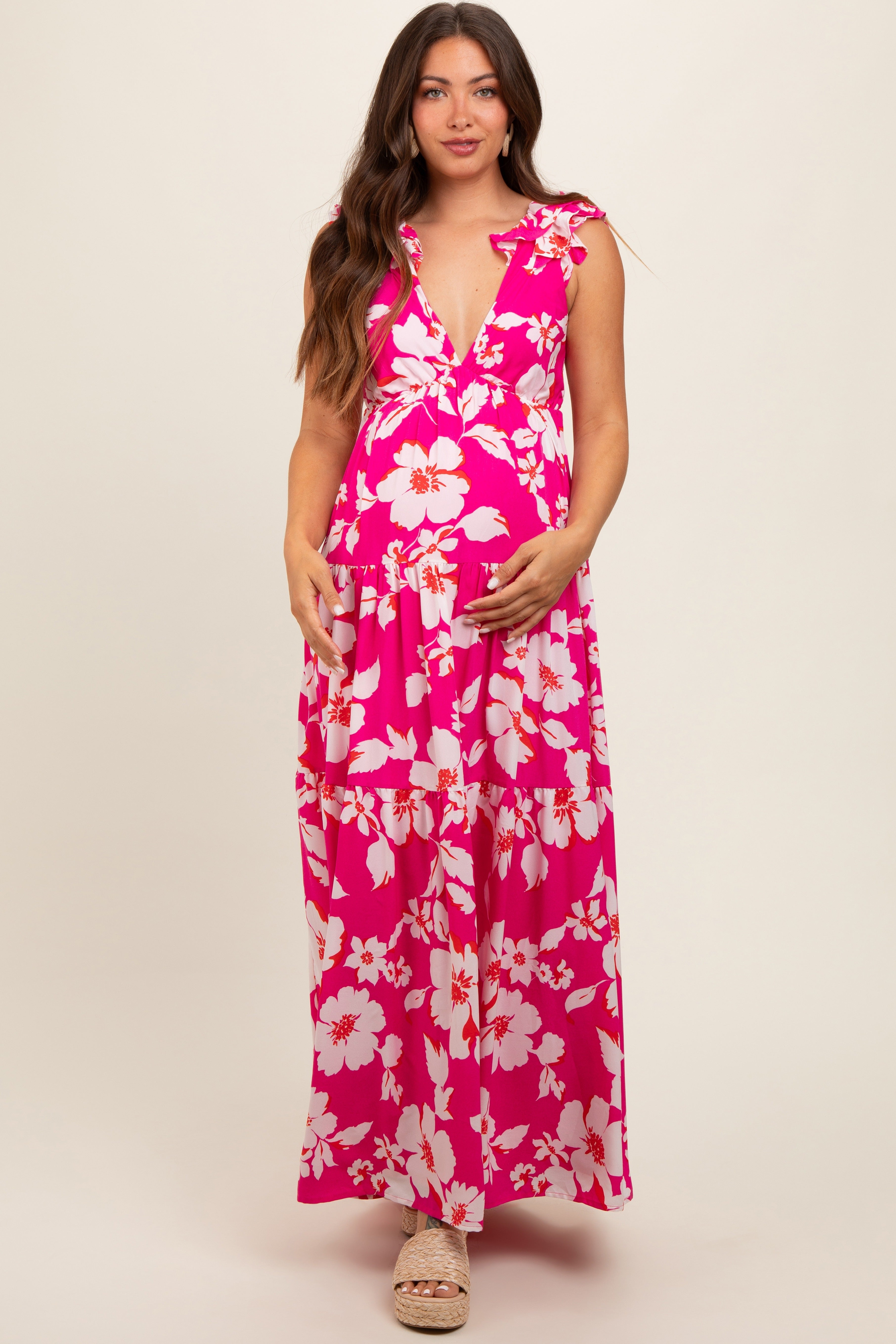 Fuchsia Floral Deep V-Neck Open Back Maternity Maxi Dress