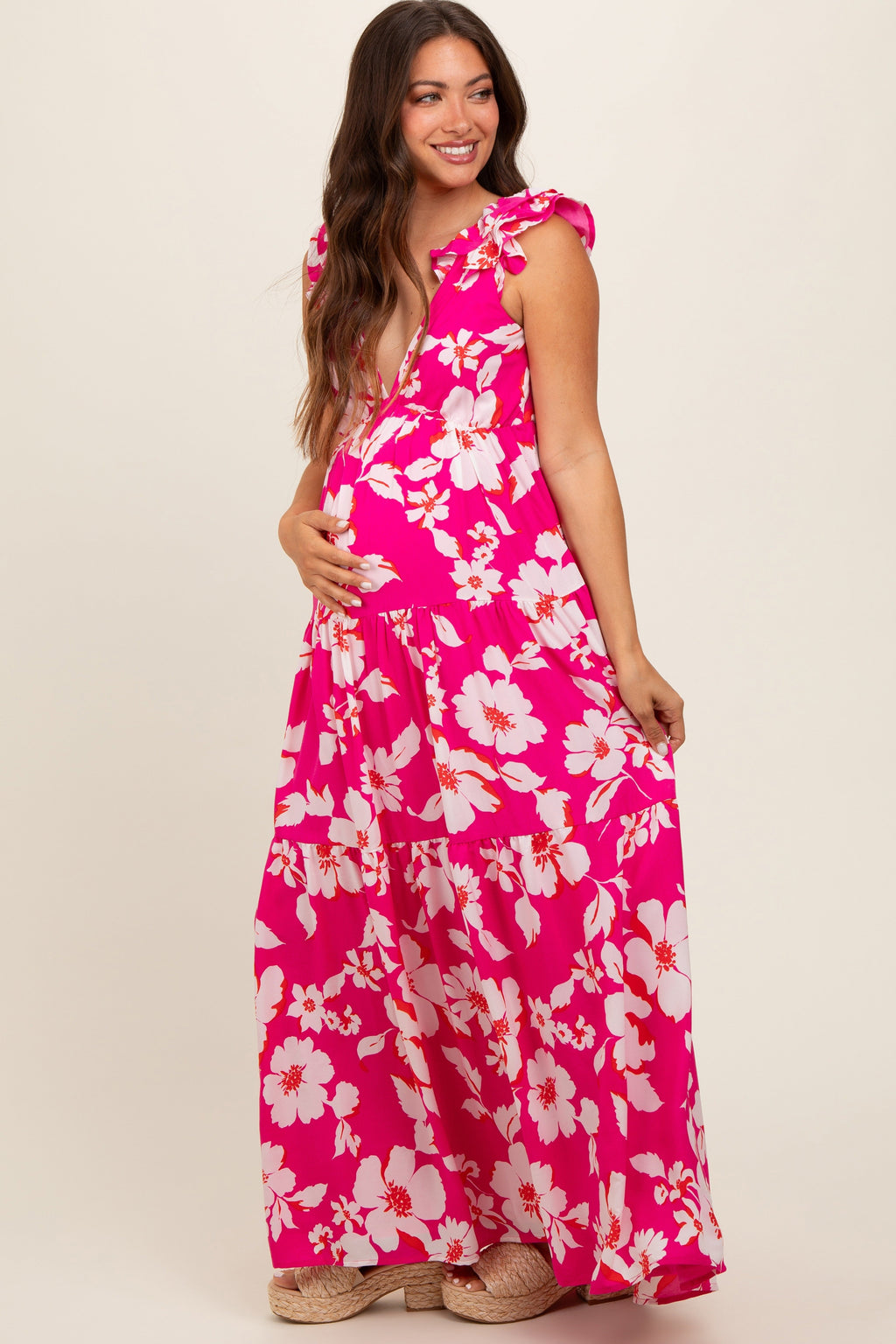 Fuchsia Floral Deep V-Neck Open Back Maternity Maxi Dress