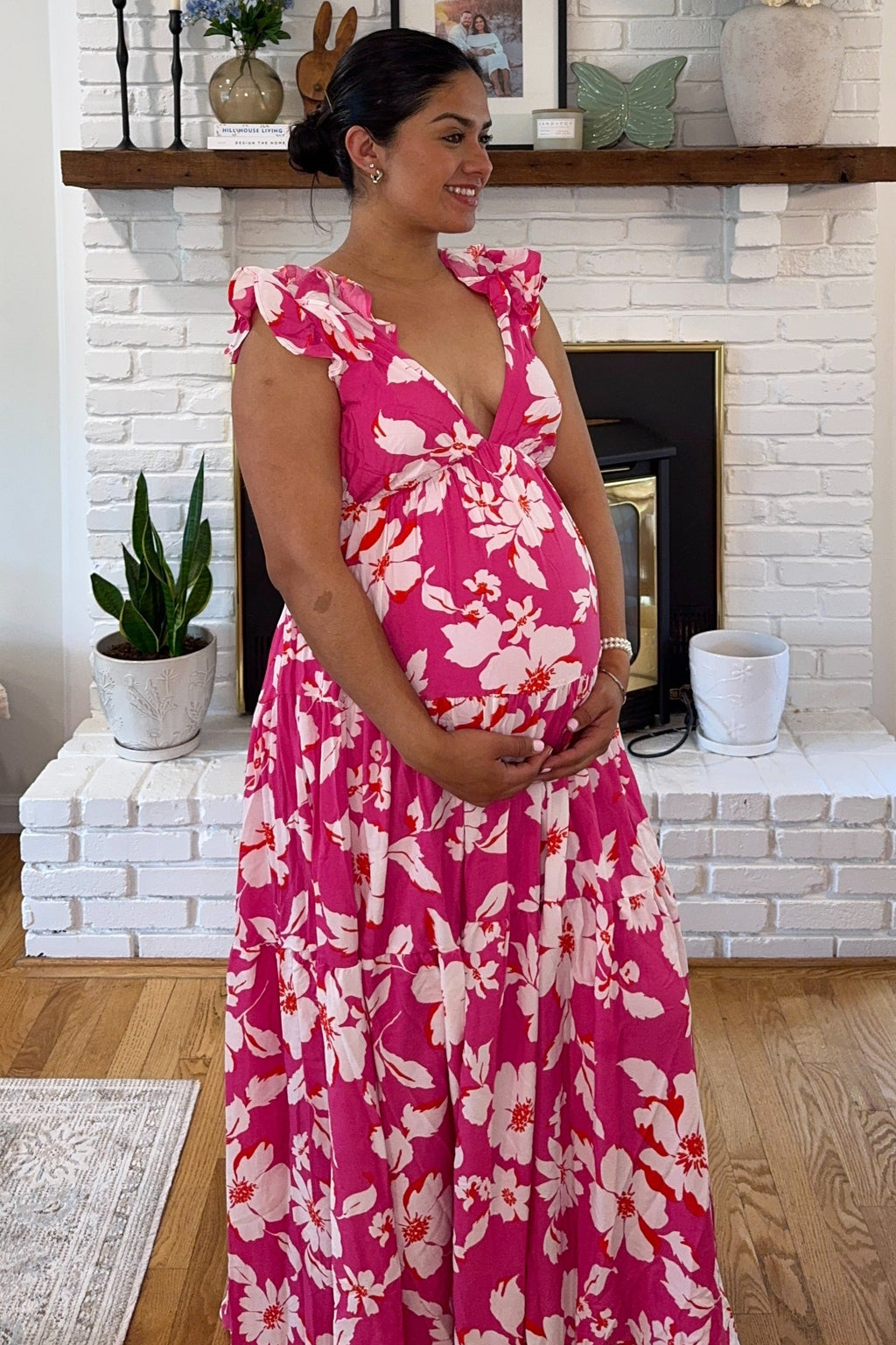 Fuchsia Floral Deep V-Neck Open Back Maternity Maxi Dress