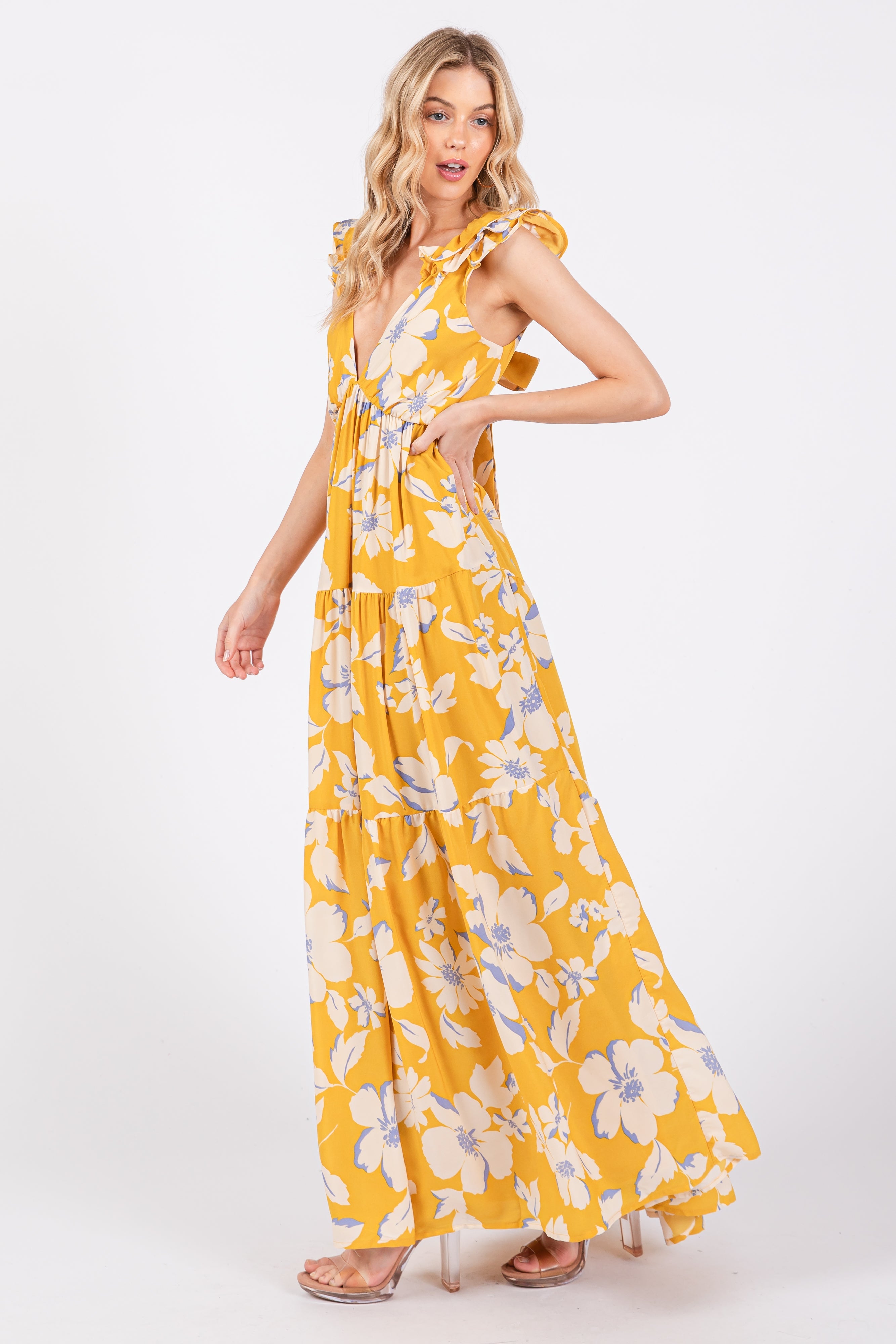Yellow Floral Deep V-Neck Open Back Maxi Dress - Image 2