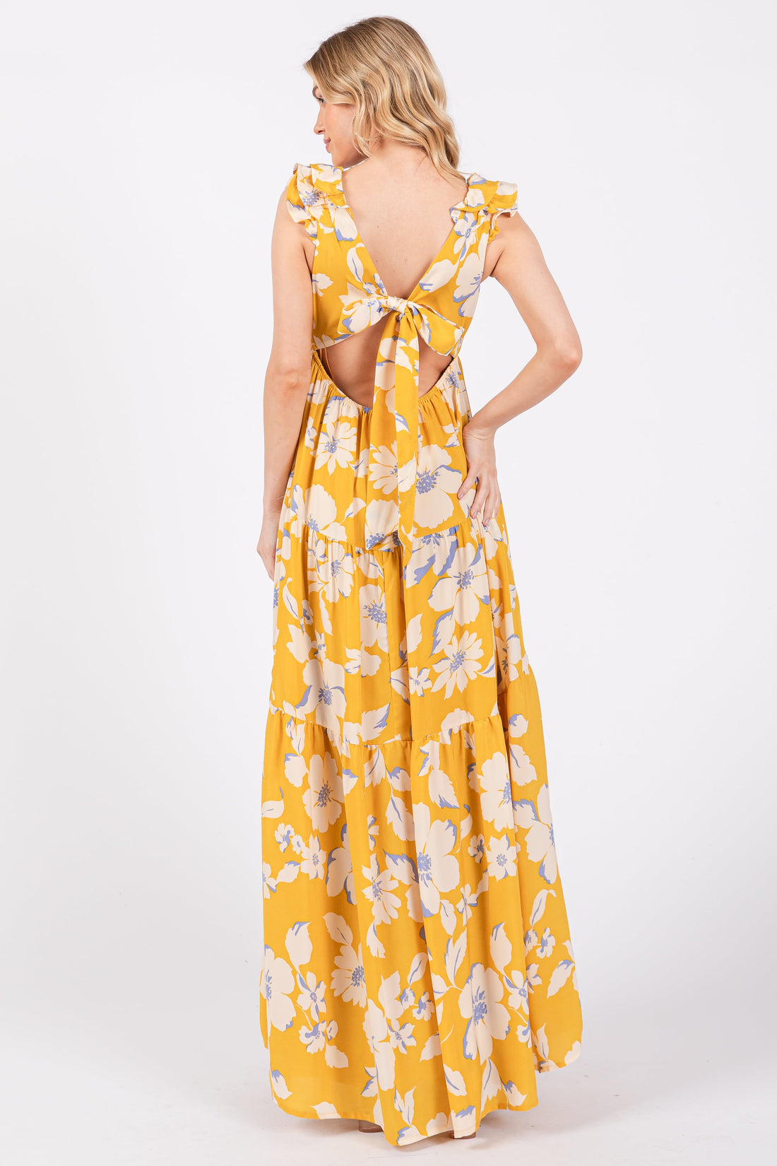 Yellow Floral Deep V-Neck Open Back Maxi Dress - Image 3
