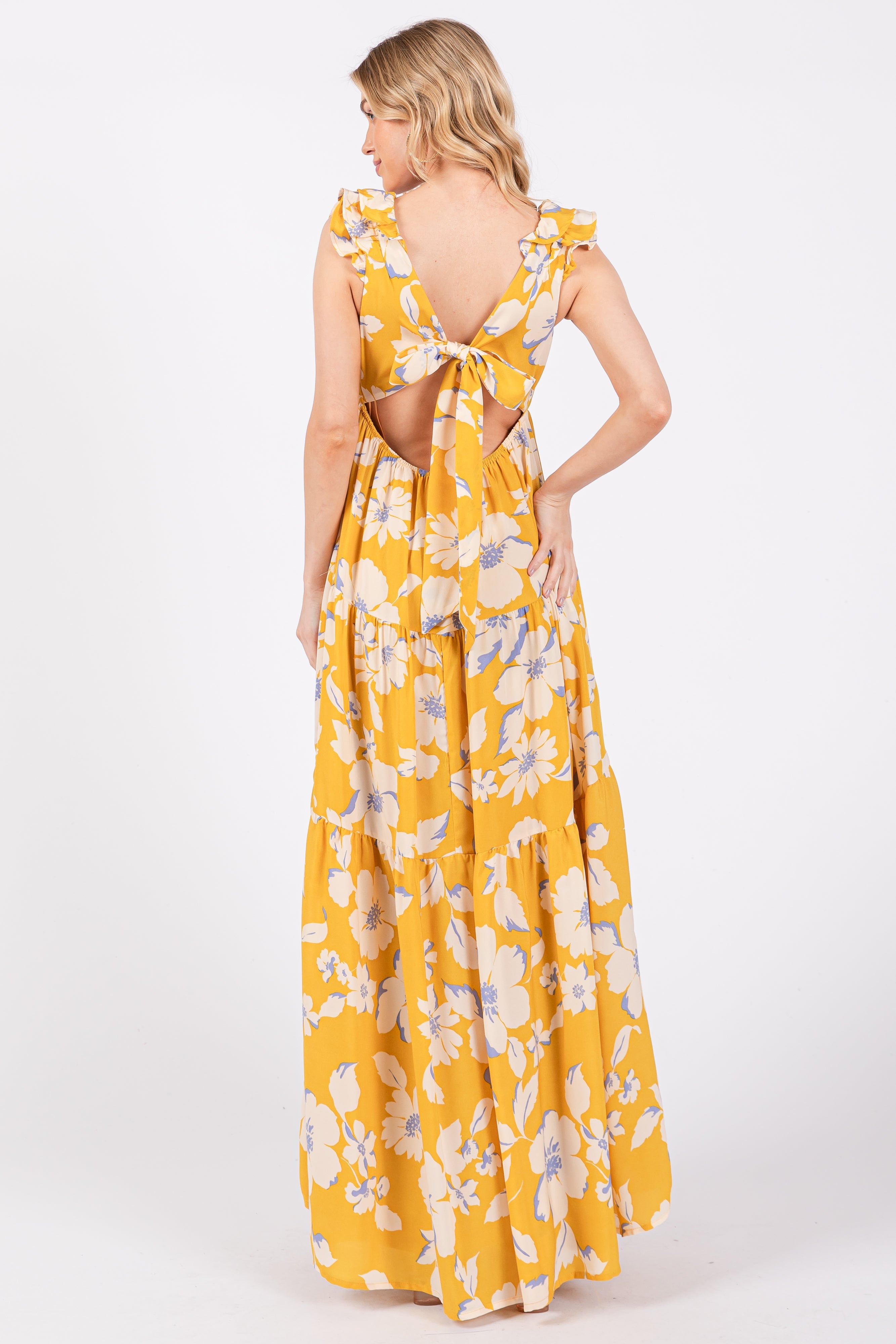 Yellow Floral Deep V-Neck Open Back Maxi Dress - Image 3
