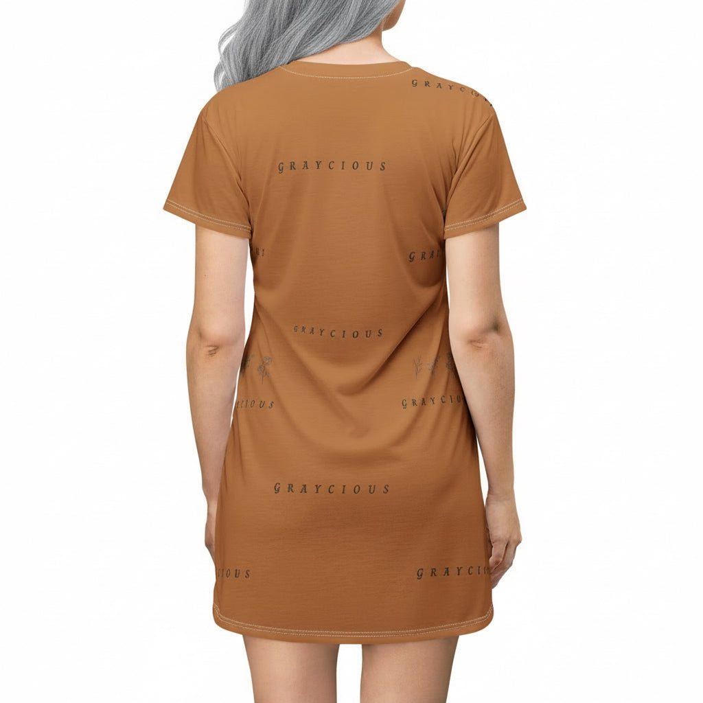 Relaxed Cotton T-Shirt Dress in Ochre and Brown Abstract Print