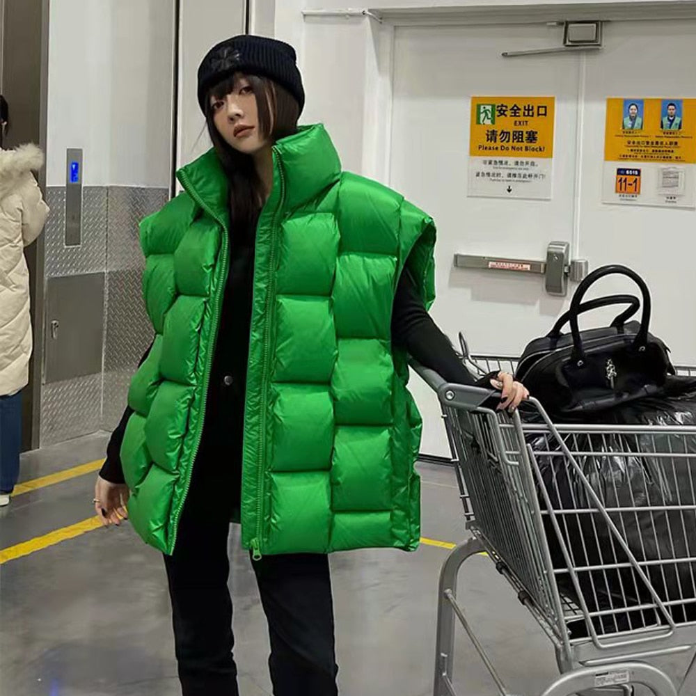 Women's Green Puffy Stand-Up Collar Quilted Down Vest - Image 2