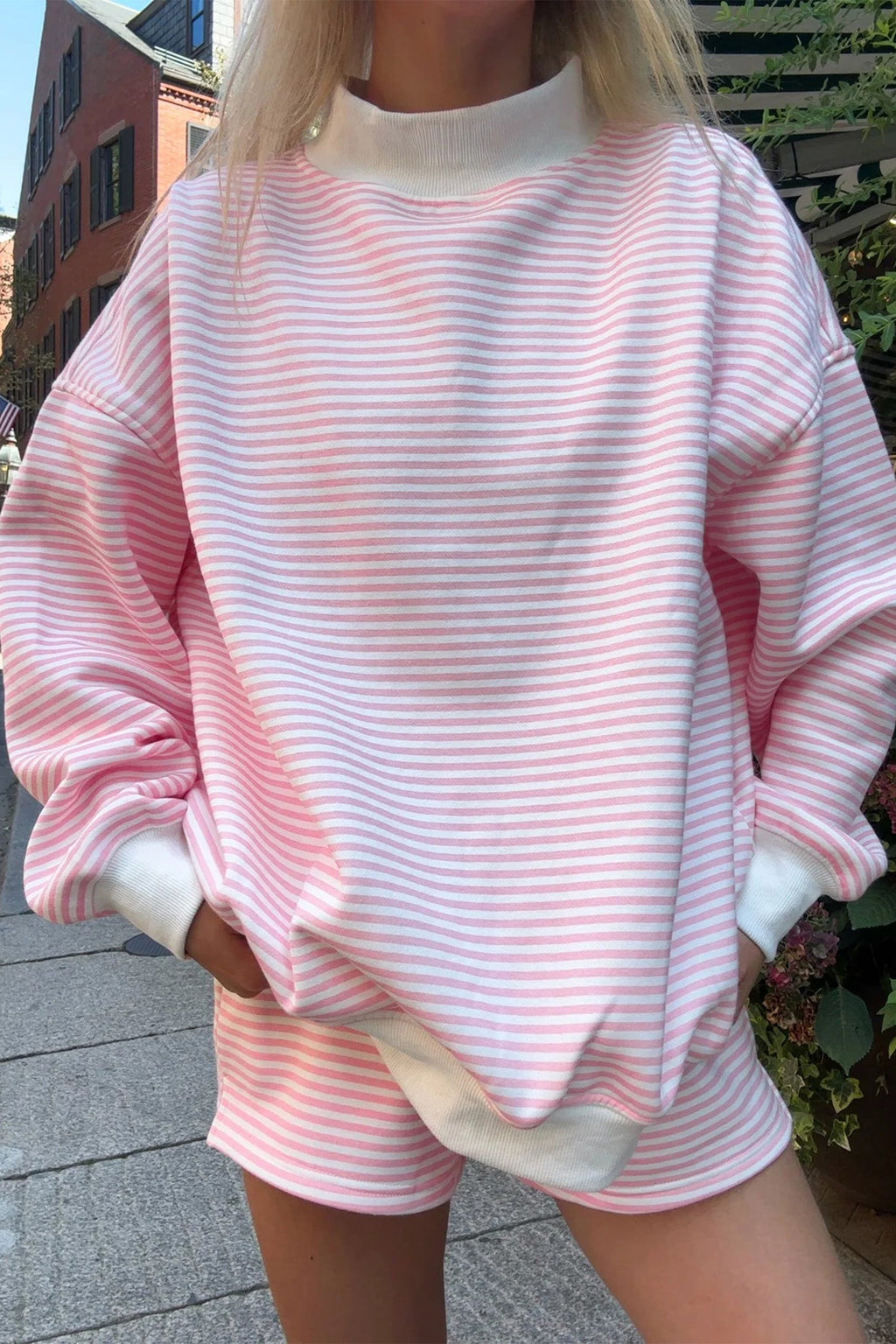 Pink Stripe Oversize Mock Neck Sweatshirt & Shorts Set