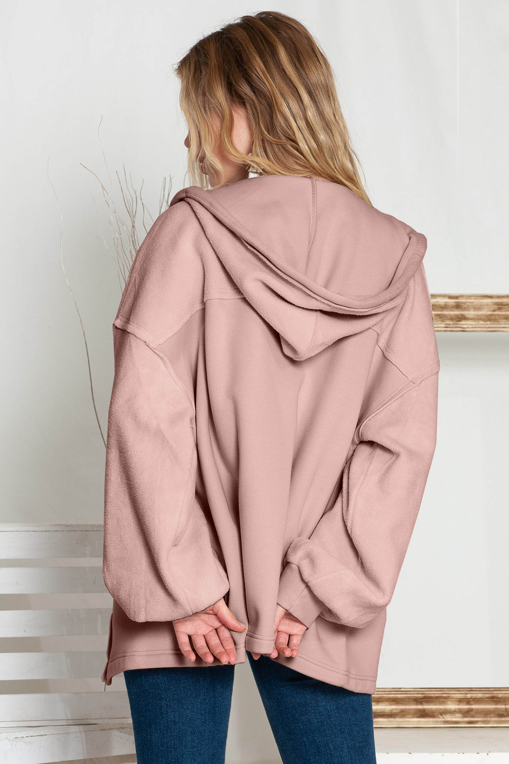 Green Bishop Sleeve Zip Up Hoodie Jacket with Flap Pockets