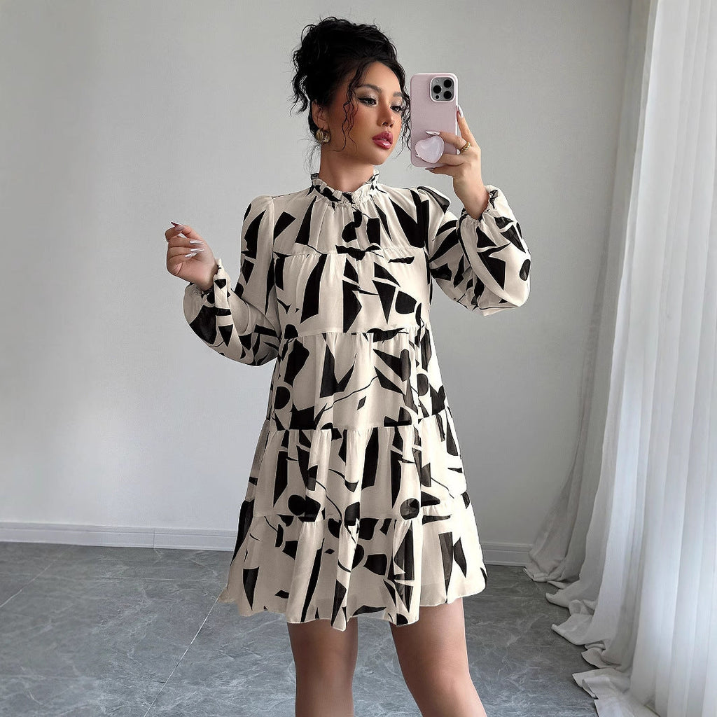Woman wearing an apricot geometric pattern pullover dress in a minimalist style