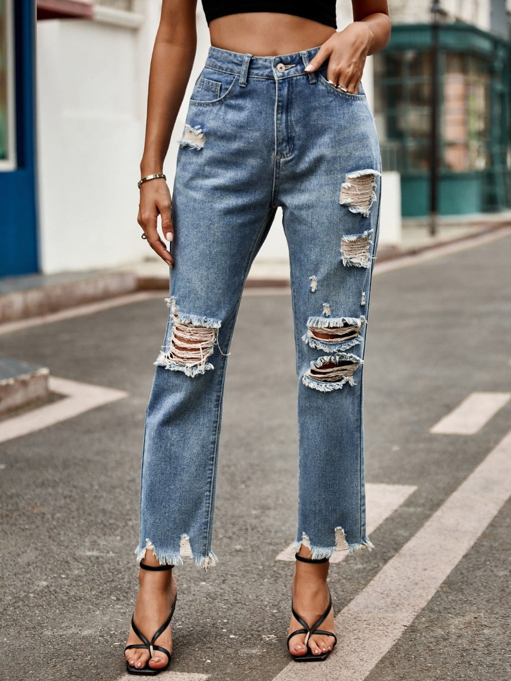 Distressed Raw Hem High Rise Jeans with Functional Pockets - Image 3
