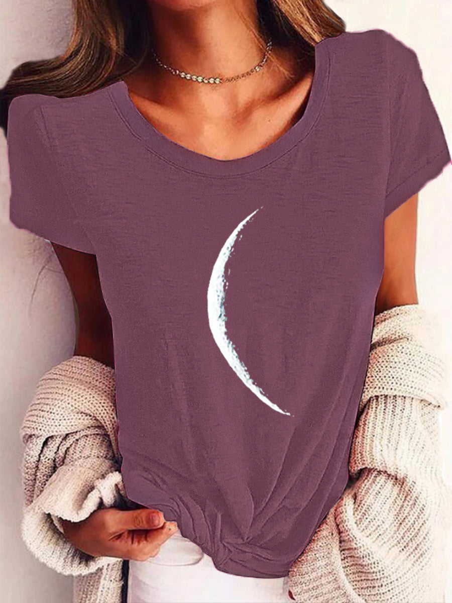 Women Short Sleeve Crescent Moon Print T-Shirt Casual Wide Neck - Image 7
