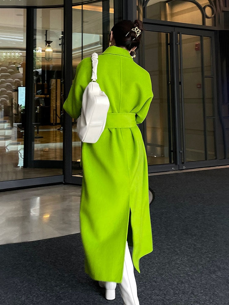 Women's Harajuku Grass Green Wool Blend Belted Overcoat - Image 3