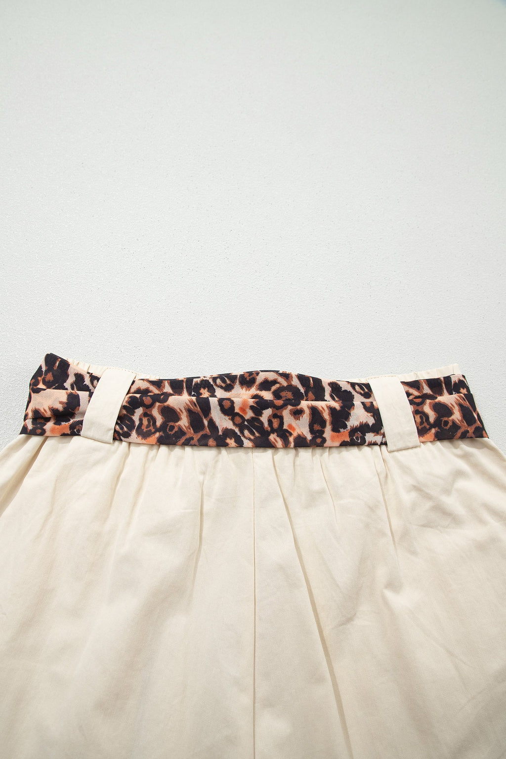 Ariel Pleated Wide Leg Shorts in Beige with Leopard Sash Belt