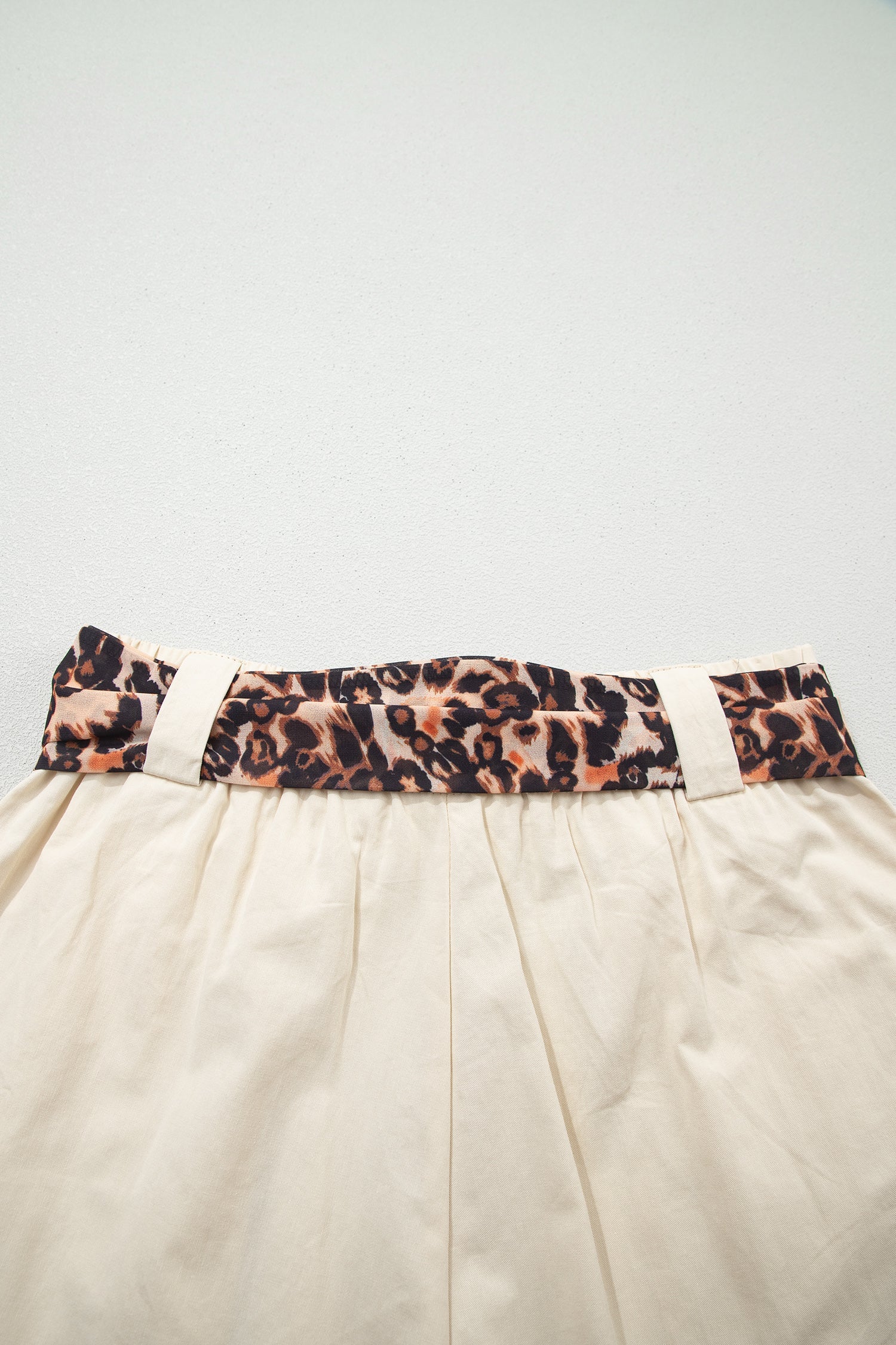 Ariel Pleated Wide Leg Shorts in Beige with Leopard Sash Belt