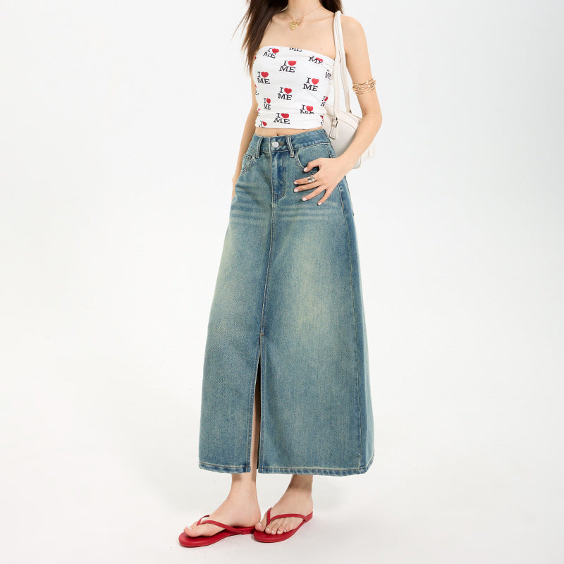 Women's High Waist Slit A-Line Denim Maxi Skirt - Vintage Wash - Image 6