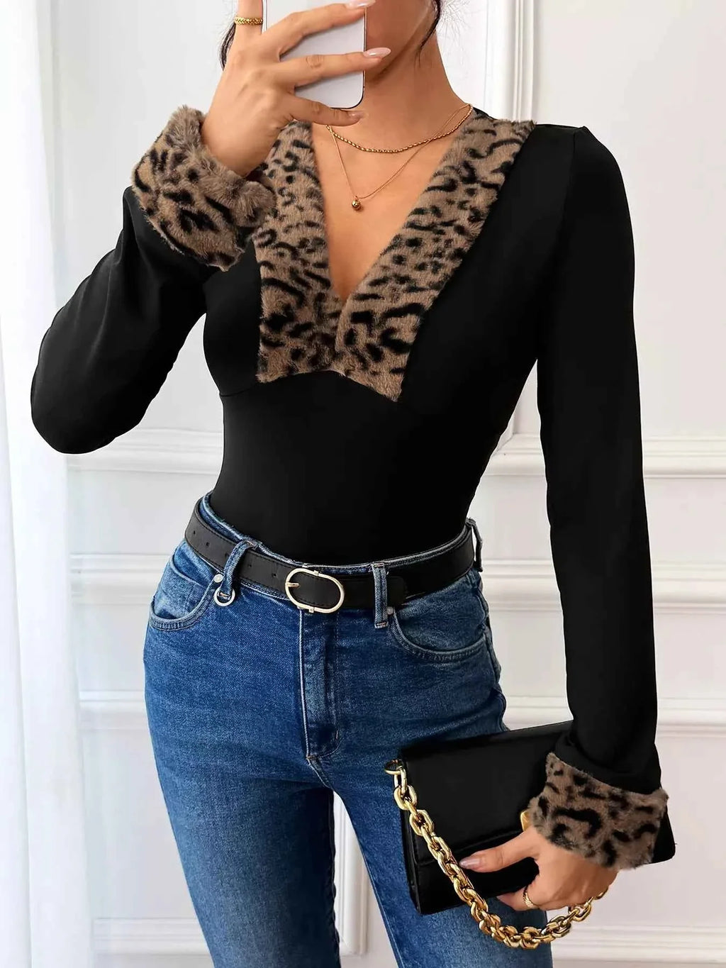 Leopard Trim V-Neck Long Sleeve Bodysuit