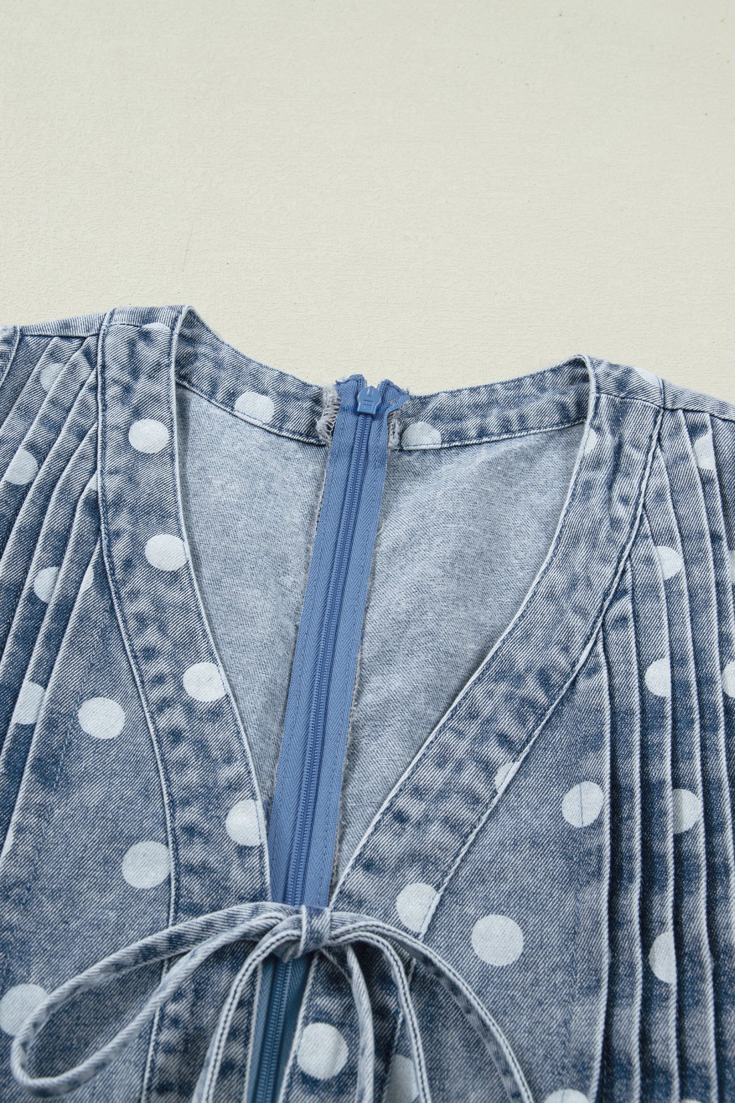 Lexi Tie Pleated Loose Romper in Blue Polka Dot Denim
