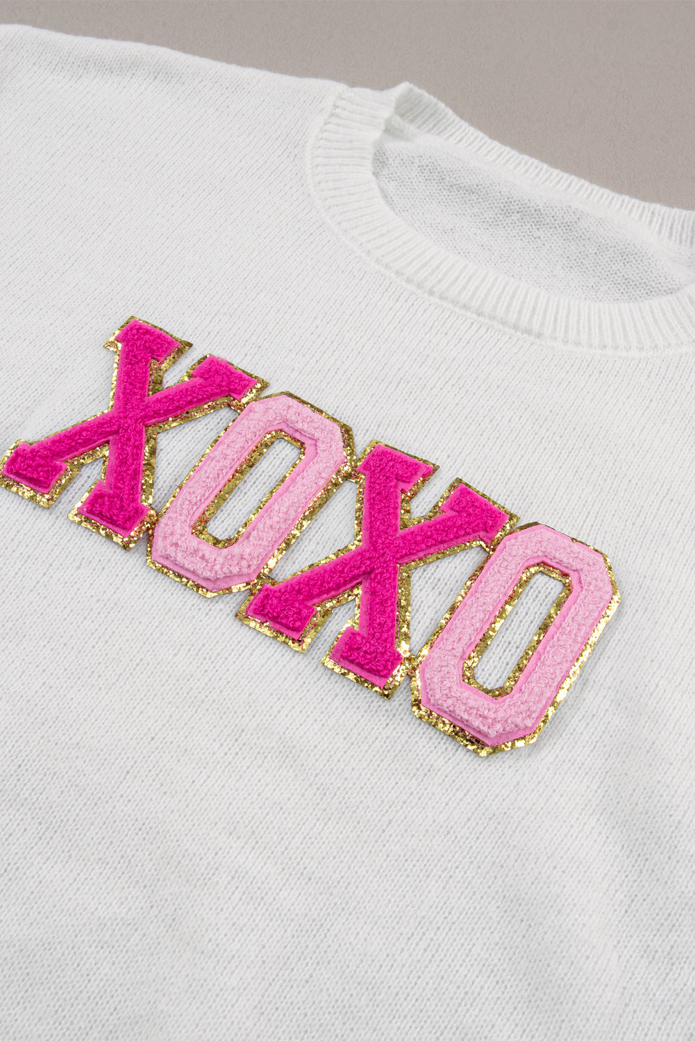 White XOXO Glitter Print Casual Knit Sweater