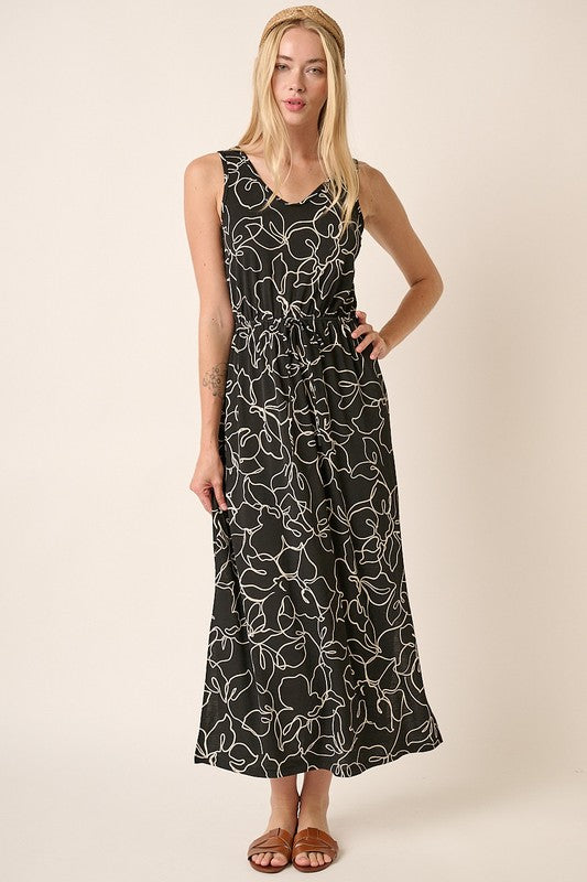 A feminine Stevvex side slit floral print V-neck sleeveless dress.