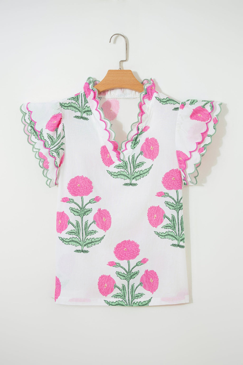 Wild Flower Contrast Trim Scallop Short Sleeve Blouse