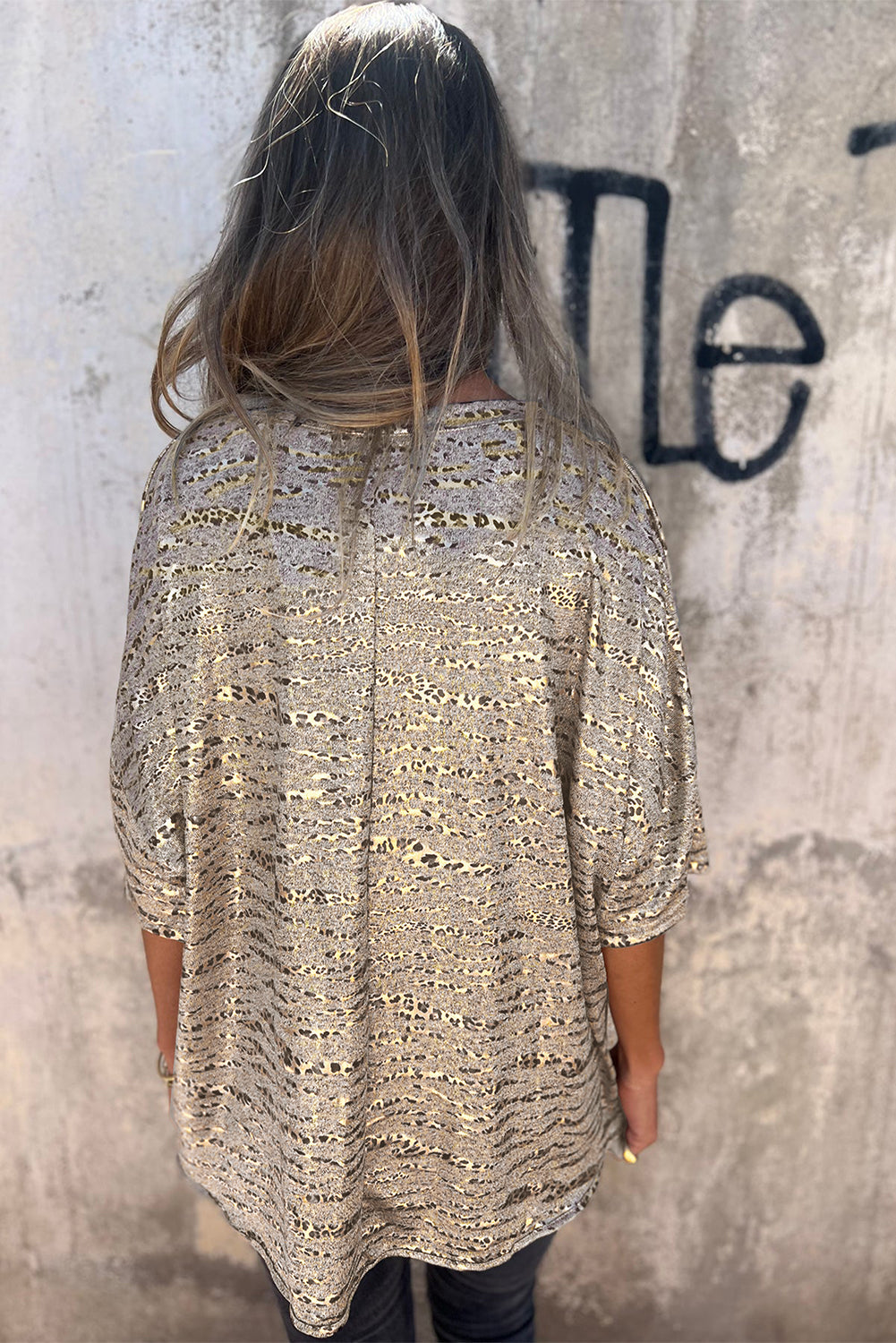 Gray Leopard Print 3/4 Sleeve V Neck Loose Fit Tee