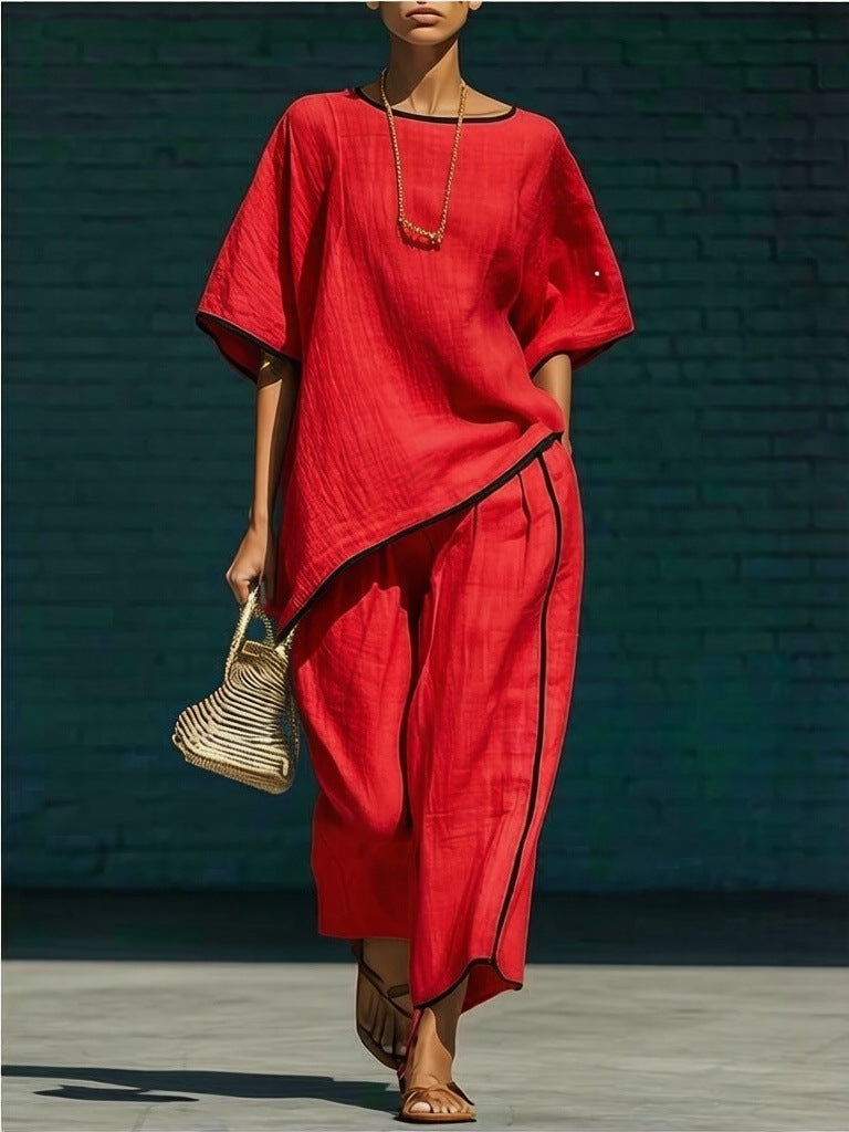 Women's Loose Linen-Blend Short Sleeve Top and Pant Set - Image 10
