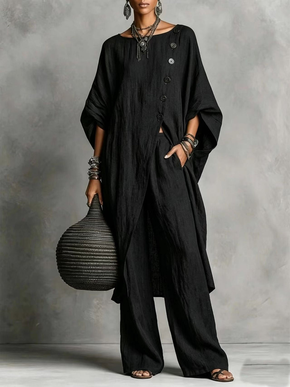 Women's Drop Shoulder Irregular Hem Tunic and Wide Leg Pants Set - Image 6