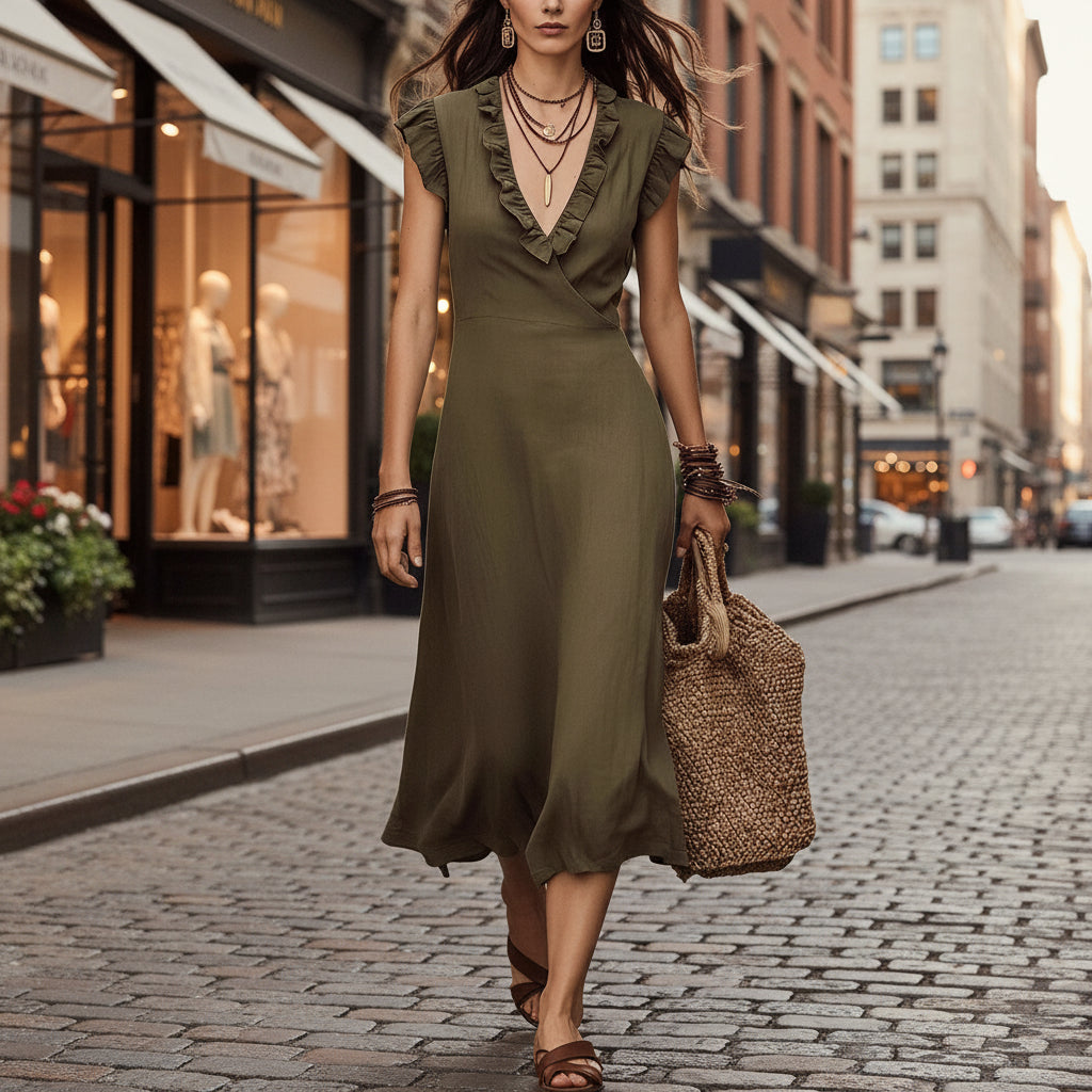 Women's V-Neck Cotton-Linen Ruffle Trim Flutter Sleeve Midi Dress - Image 3