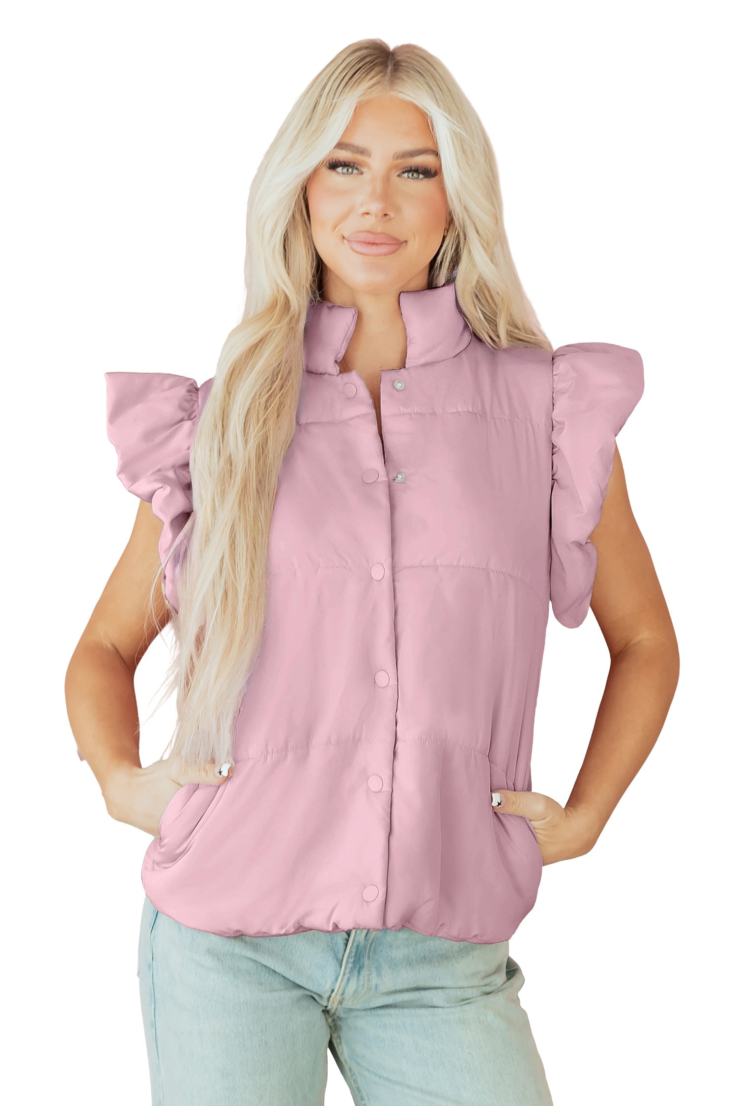 Women's Pink Solid Flutter Sleeve Puffer Vest with Snap Buttons