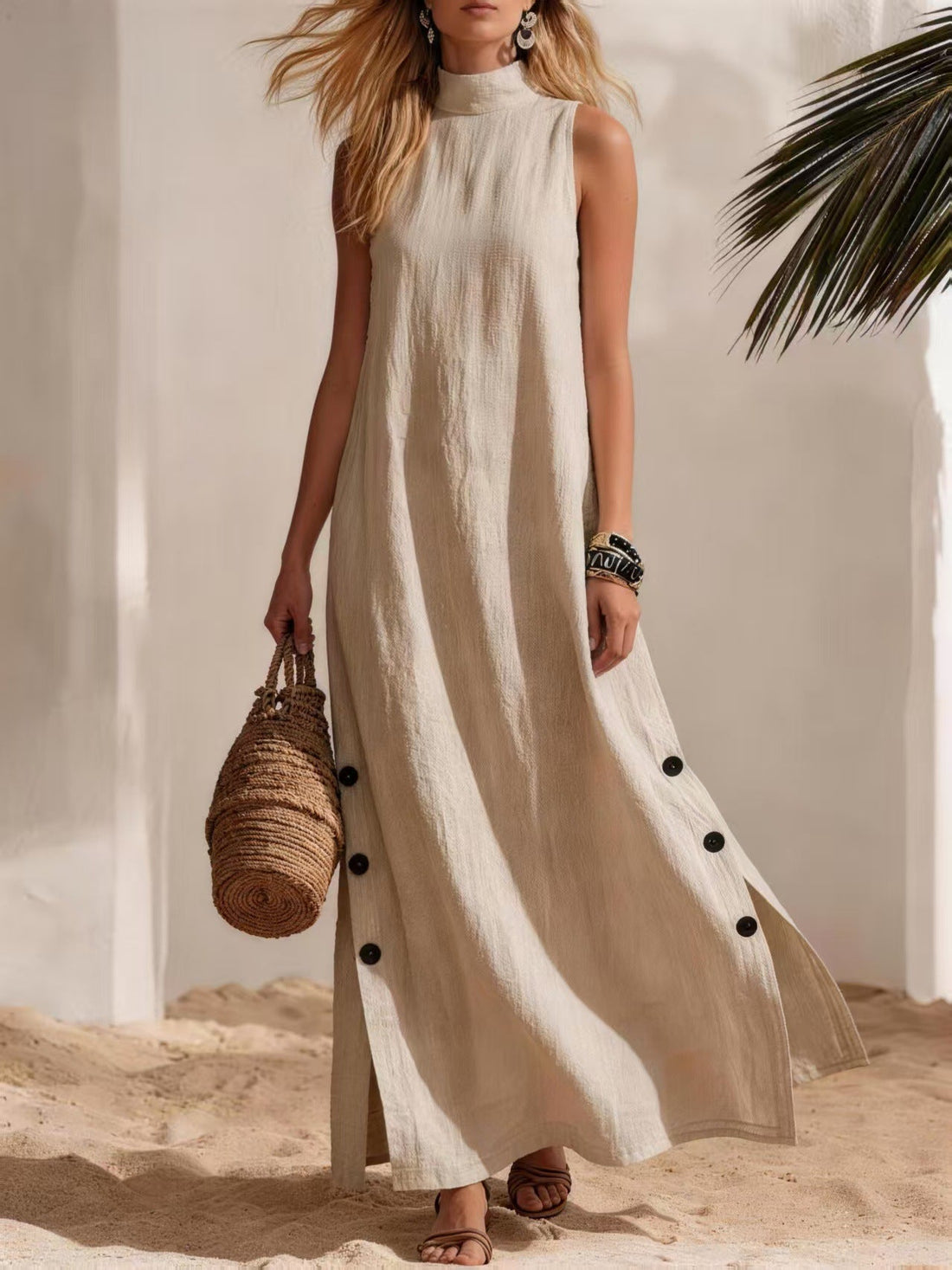Cotton Linen Sleeveless Midi Dress with Side Slits – Loose Fit