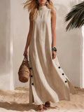Cotton Linen Sleeveless Midi Dress with Side Slits – Loose Fit