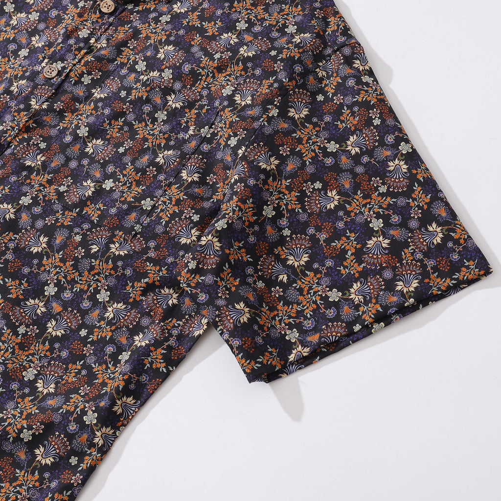Floral Print Men's Short Sleeve Cotton Shirt, Night Garden Design