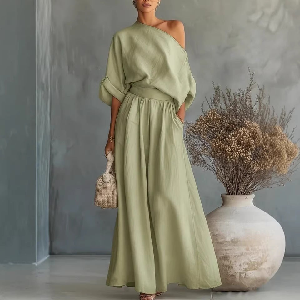 Off-Shoulder Crop Top and Wide-Leg Pants Two-Piece Set - Image 2
