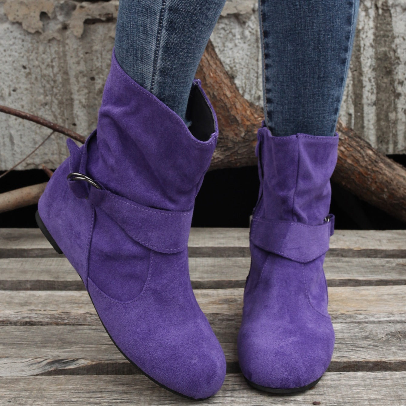 Women's Ankle Boots with Buckle Belt & Side Zip